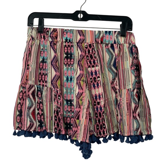 Umgee USA Women's Boho Aztec Print Pull On Shorts Blue/Pink Pom Pom Size M - Picture 3 of 5